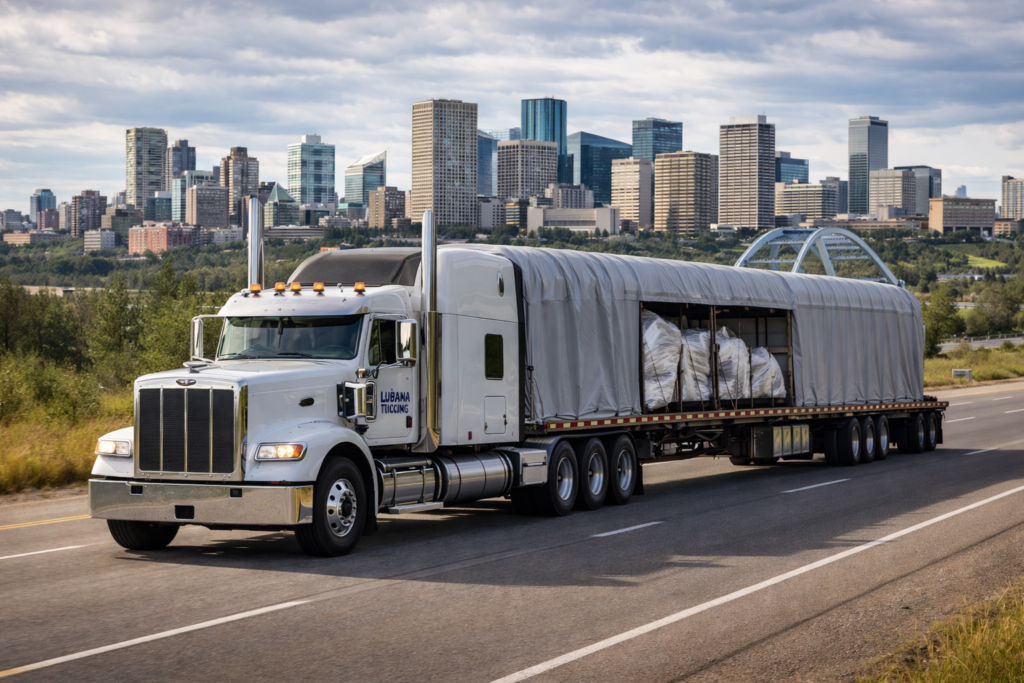 Conestoga trailer transporting freight on highway representing Edmonton trucking companies logistics services.