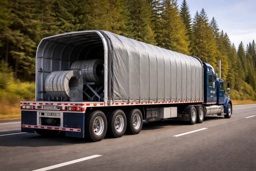 Conestoga trailer used for freight transport by Lubana Trucking