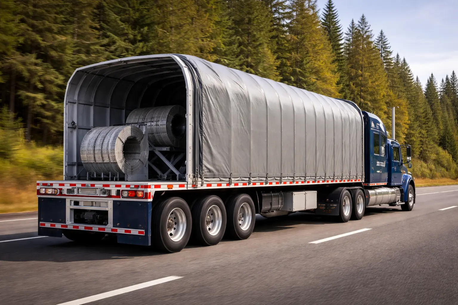 Conestoga trailer used for freight transport by Lubana Trucking