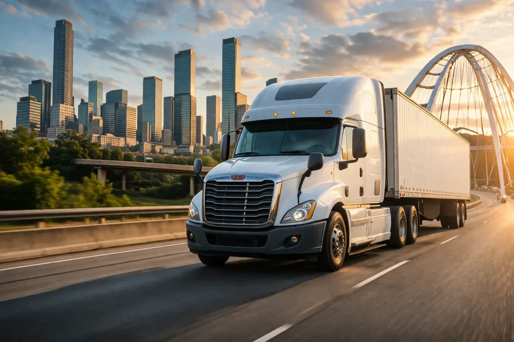 Trucking services in Edmonton with cargo transport truck on highway showing logistics and freight movement
