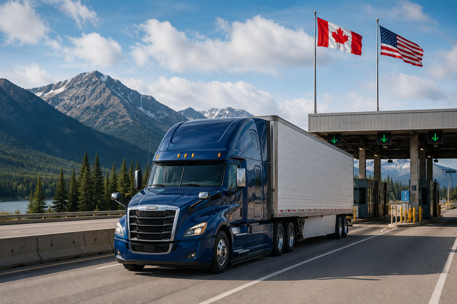 Commercial freight truck handling bonded cross-border shipping between Canada and the USA