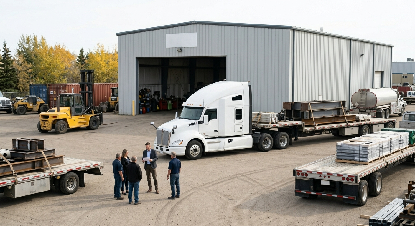 A wide-angle, realistic photograph of an active trucking company depot in Edmonton, Alberta,