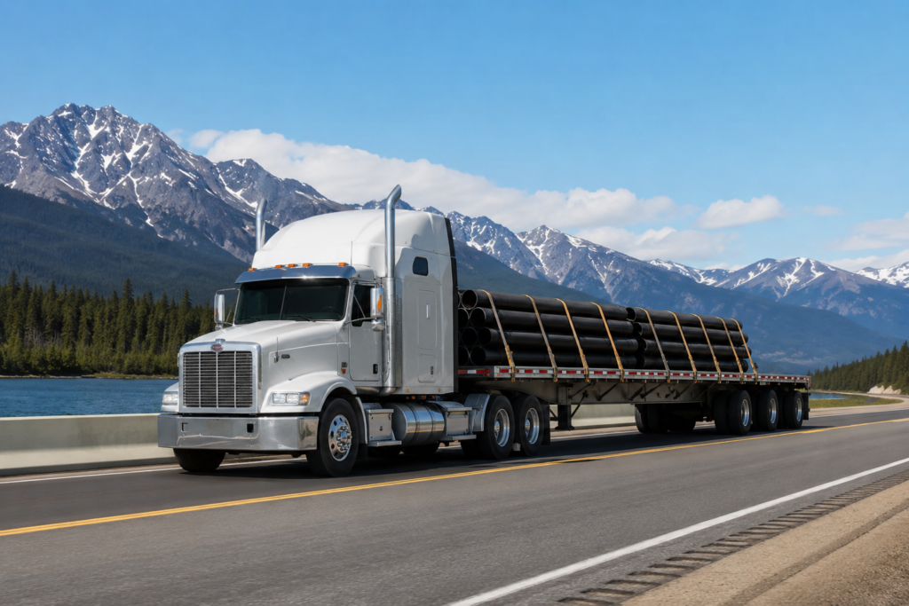Edmonton trucking companies transporting freight on a highway near Edmonton with modern semi trucks