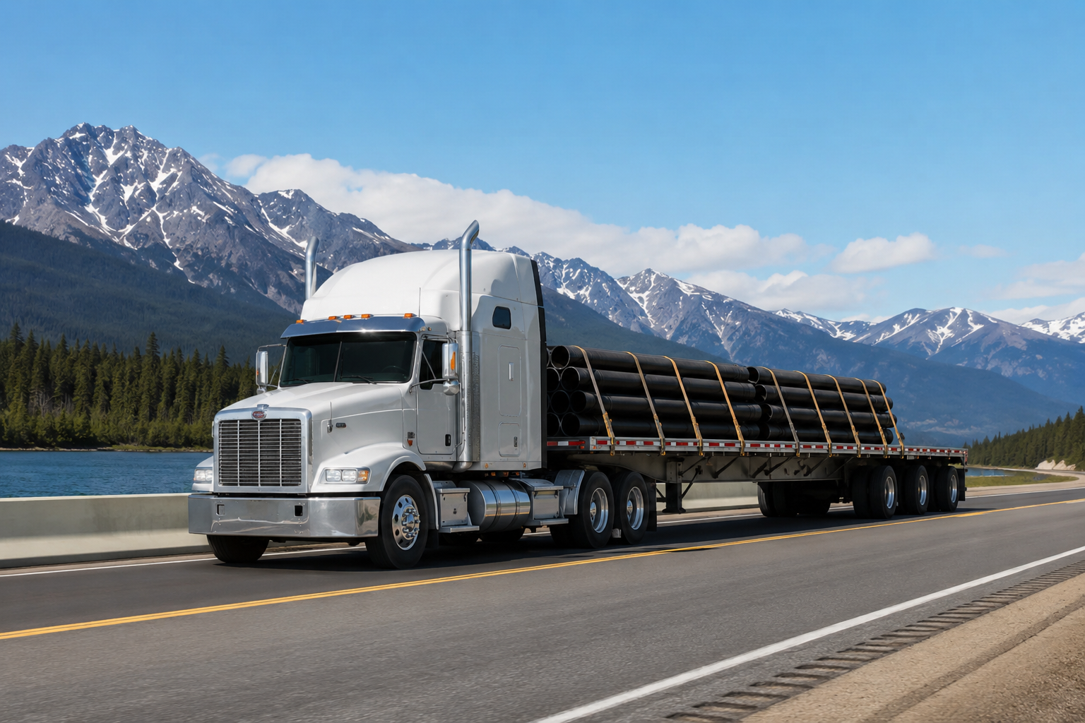 Edmonton trucking companies transporting freight on a highway near Edmonton with modern semi trucks